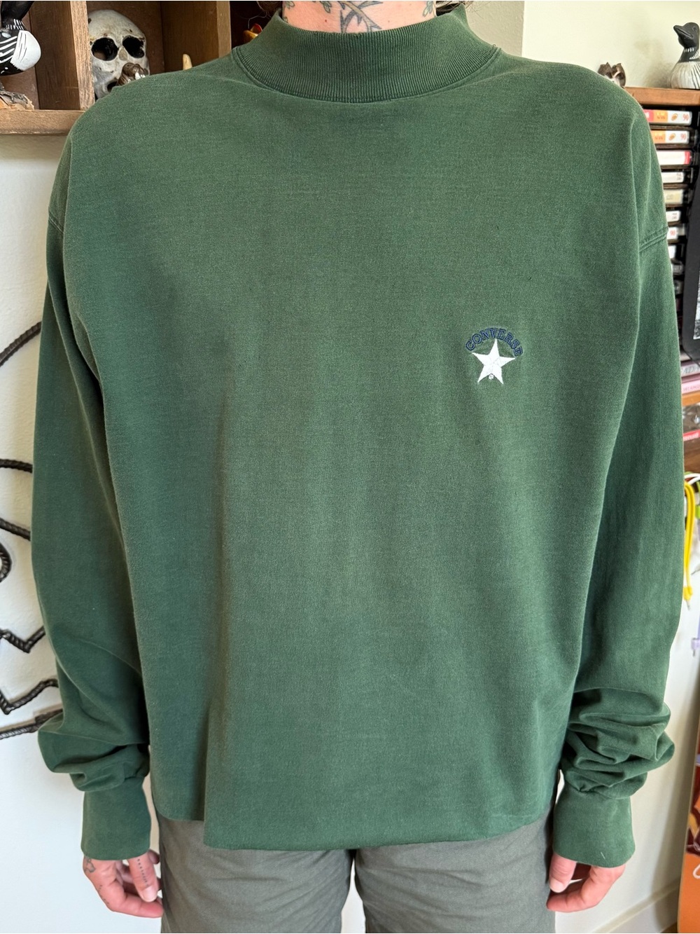 Vintage 80s Converse Cropped Boxy Mock Neck Long Sleeve Shirt ~ Size Large